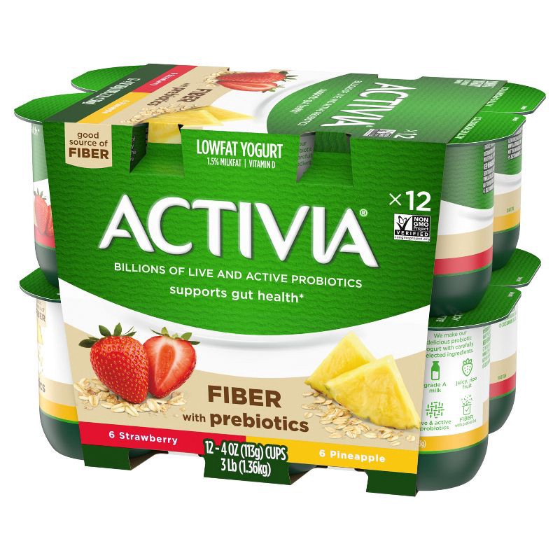 slide 6 of 10, DANNON Activia Low Fat Fiber Probiotic Strawberry & Pineapple Yogurt Variety Pack - 12ct/4oz Cups, 12 ct; 4 oz