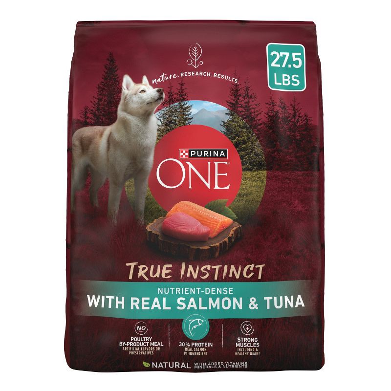 slide 1 of 6, Purina ONE SmartBlend True Instinct Natural Real Salmon & Fish Flavor Dry Dog Food - 27.5lbs, 27.5 lb