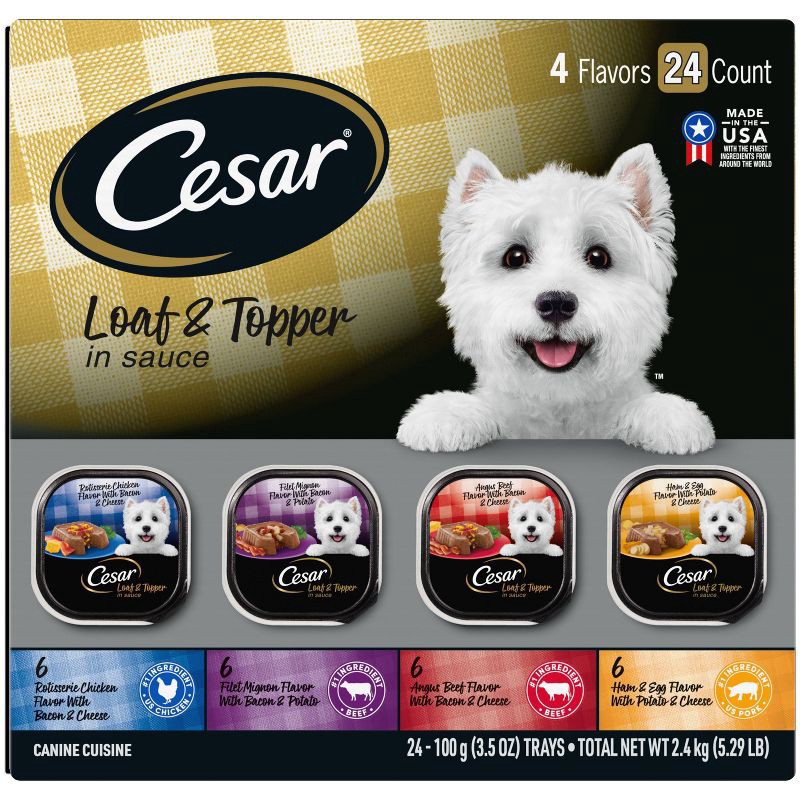 slide 1 of 10, Cesar Loaf & Topper in Sauce Rotisserie Chicken, Filet Mignon, Angus Beef, and Ham & Egg Adult Wet Dog Food - 3.5oz/24ct, 3.5 oz, 24 ct