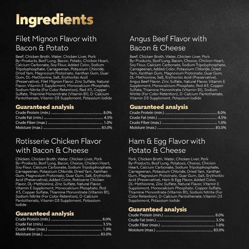 slide 8 of 10, Cesar Loaf and Topper in Sauce Chicken, Cheese, Potato, Steak, Beef and Bacon Flavor Variety Pack Small Breed Wet Dog Food - 3.5oz/24ct, 3.5 oz, 24 ct