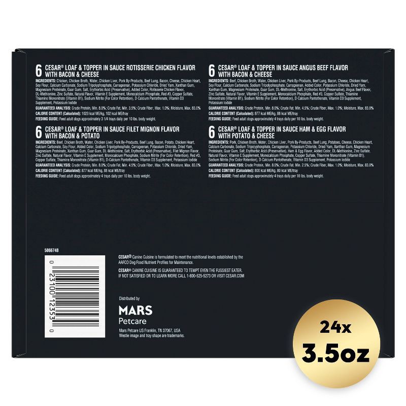 slide 10 of 10, Cesar Loaf and Topper in Sauce Chicken, Cheese, Potato, Steak, Beef and Bacon Flavor Variety Pack Small Breed Wet Dog Food - 3.5oz/24ct, 3.5 oz, 24 ct
