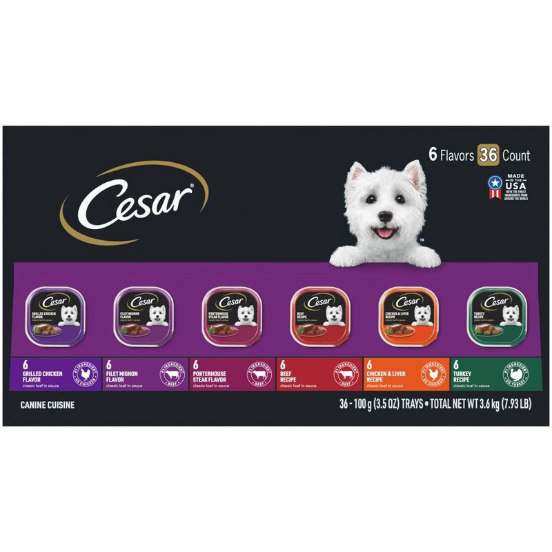 slide 2 of 13, Cesar Classic Loaf in Sauce Liver, Chicken, Turkey, Steak and Beef Flavor Variety Pack Small Breed Wet Dog Food - 3.5oz/36ct, 3.5 oz, 36 ct