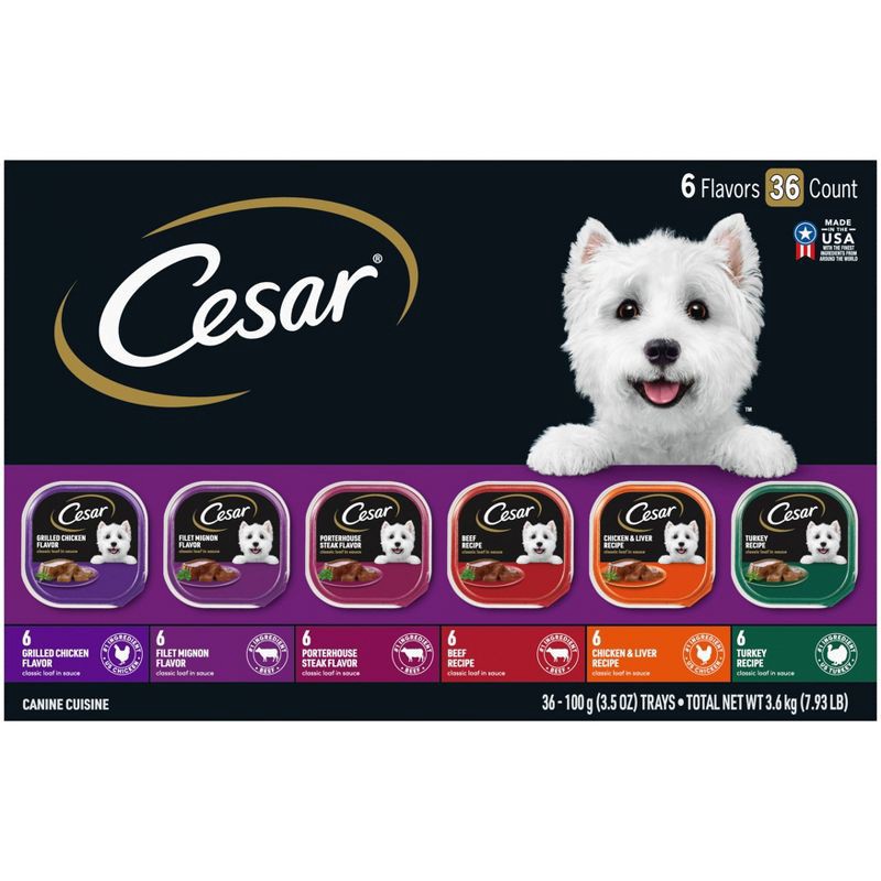 slide 1 of 10, Cesar Classic Loaf in Sauce Grilled Chicken, Filet Mignon, Porterhouse Steak, Beef, Chicken & Liver and Turkey Adult Wet Dog Food - 3.5oz/36ct, 3.5 oz, 36 ct