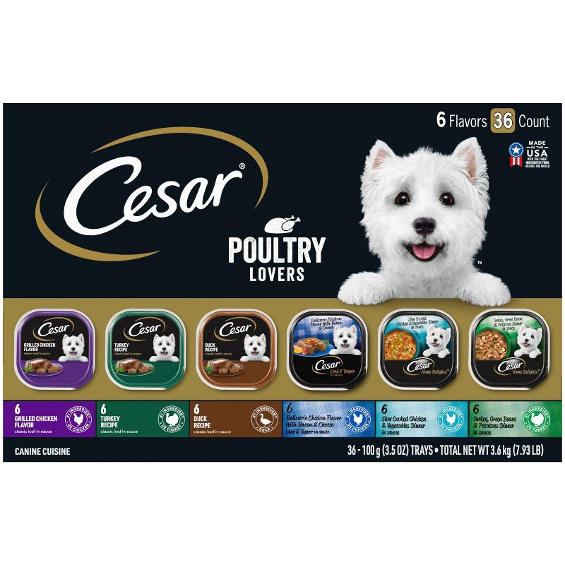 slide 1 of 10, Cesar Poultry Lovers with Chicken, Turkey and Duck Flavor Adult Wet Dog Food - 7.93lb/36ct Variety Pack, 7.93 lb, 36 ct