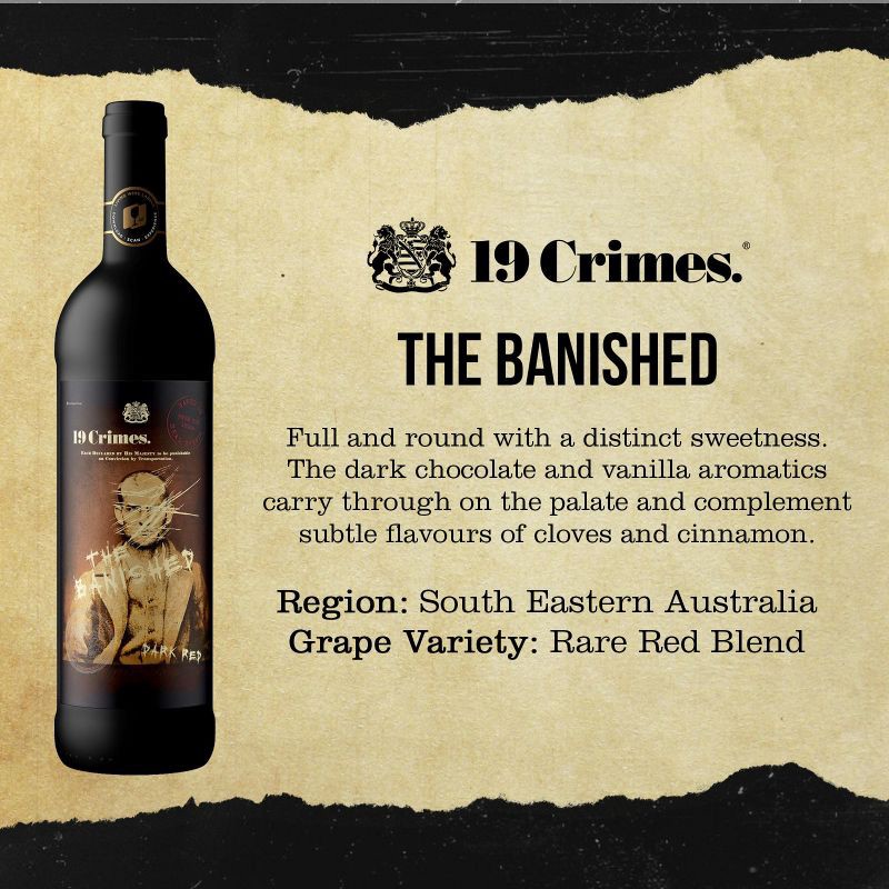 slide 3 of 5, 19 Crimes The Banished Dark Red Wine - 750ml Bottle, 750 ml