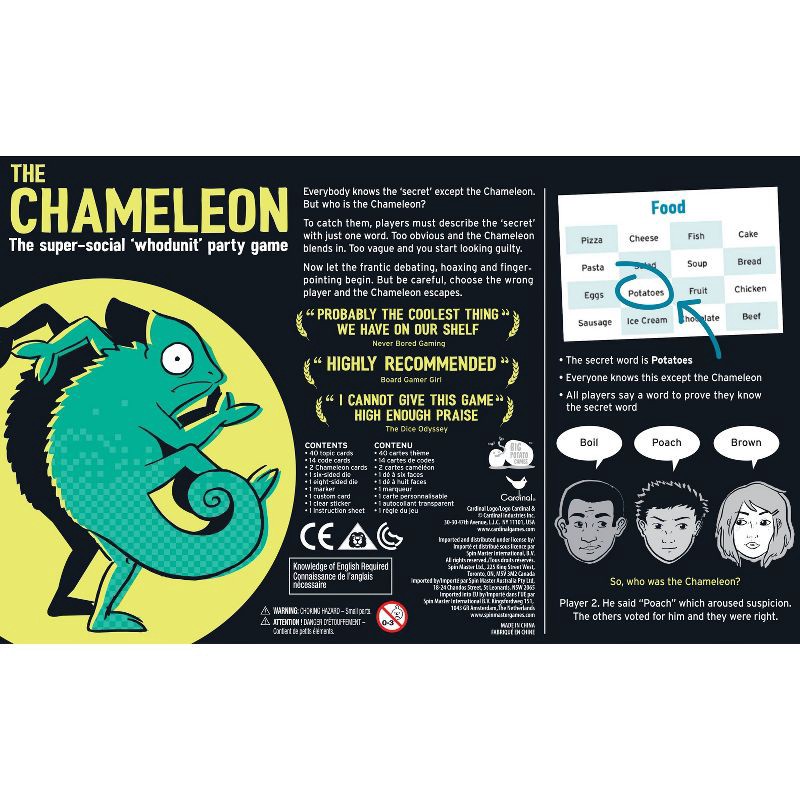 slide 8 of 8, The Chameleon Board Game: Social Skills Party Games for 3-8 Players with Cards, Dice & Instructions by Big Potato, 1 ct