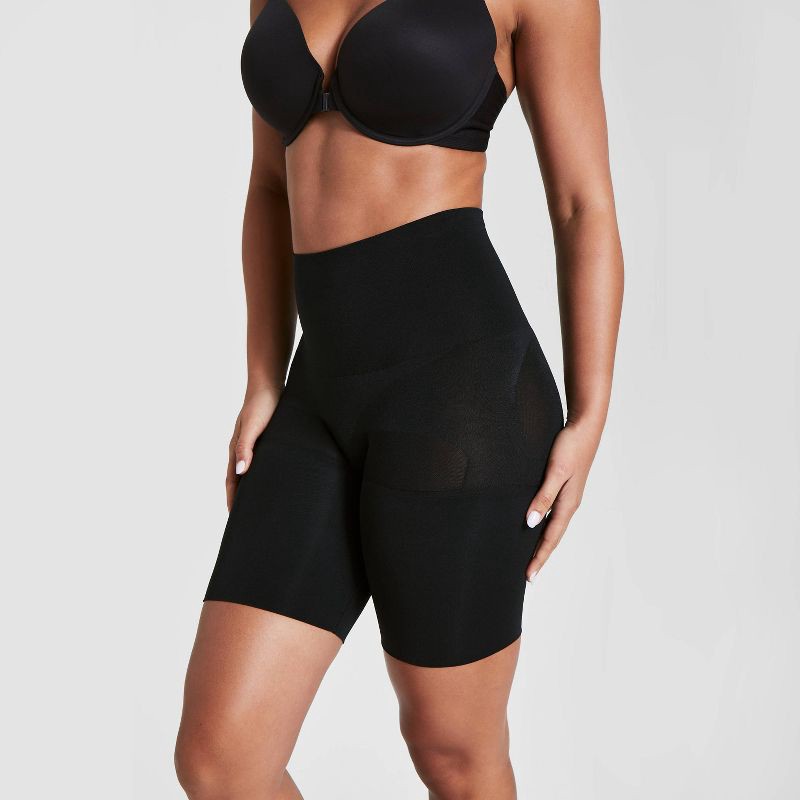 slide 2 of 3, ASSETS by SPANX Women's Remarkable Results Mid-Thigh Shaper - Black XL: Ultra Firm Compression, Tummy & Hip Slimming, Pull-On Style, 1 ct