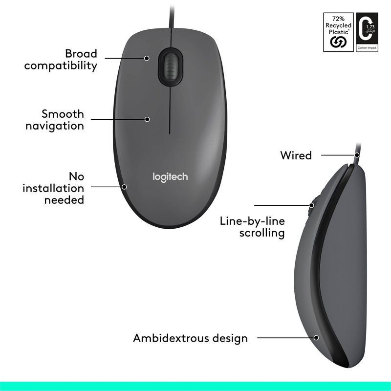 slide 7 of 8, Logitech M100 Wired Mouse - Gray, 1 ct