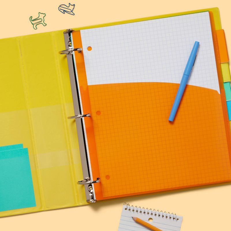 slide 2 of 3, 1.5" 3 Ring Binder Clear View Yellow - up&up™: D Rings, 375 Sheet Capacity, 4 Pockets, Cardboard & Polypropylene, 375 sheets