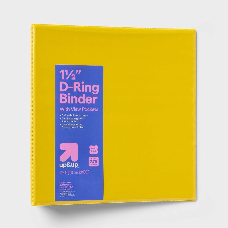 slide 1 of 3, 1.5" 3 Ring Binder Clear View Yellow - up&up™: D Rings, 375 Sheet Capacity, 4 Pockets, Cardboard & Polypropylene, 375 sheets