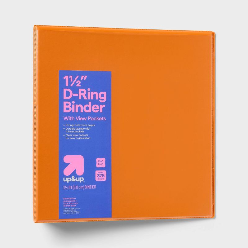 slide 1 of 3, 1.5" 3 Ring Binder Clear View Orange - up&up™: D Rings, 375 Sheet Capacity, 4 Internal Pockets, Cardboard & Polypropylene, 375 sheets