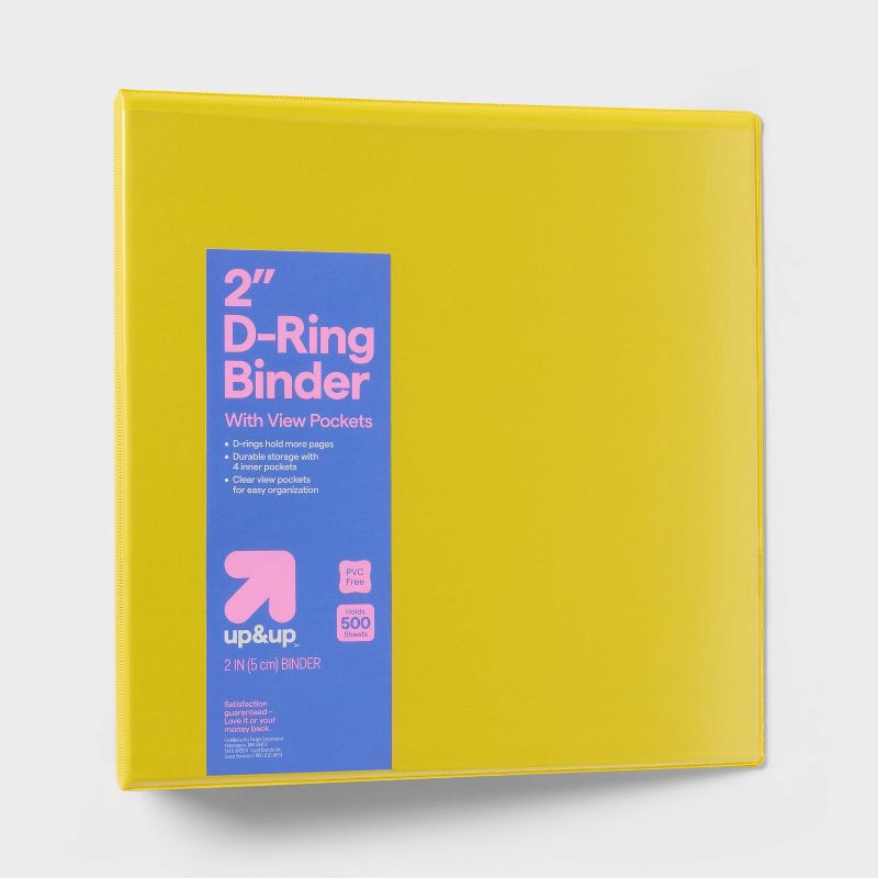 slide 1 of 3, 2" 3 Ring Binder Clear View Yellow - up&up™: D Rings, 500 Sheet Capacity, Internal Pockets, Cardboard & Polypropylene, 1 ct