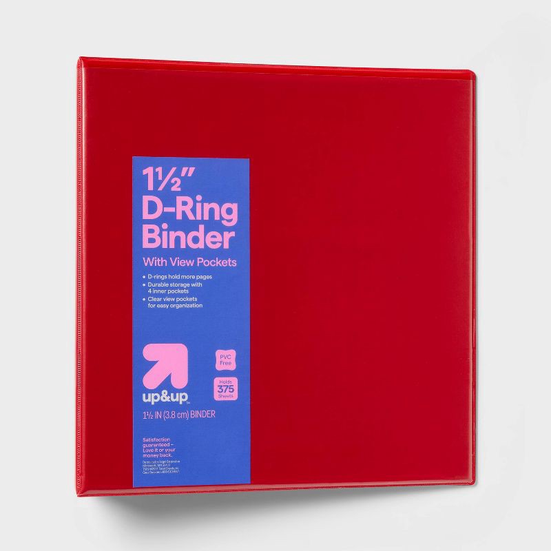 slide 1 of 3, 1.5" 3 Ring Binder Clear View Red - up&up™: D Rings, 375 Sheet Capacity, 4 Internal Pockets, Cardboard & Polypropylene, 375 sheets
