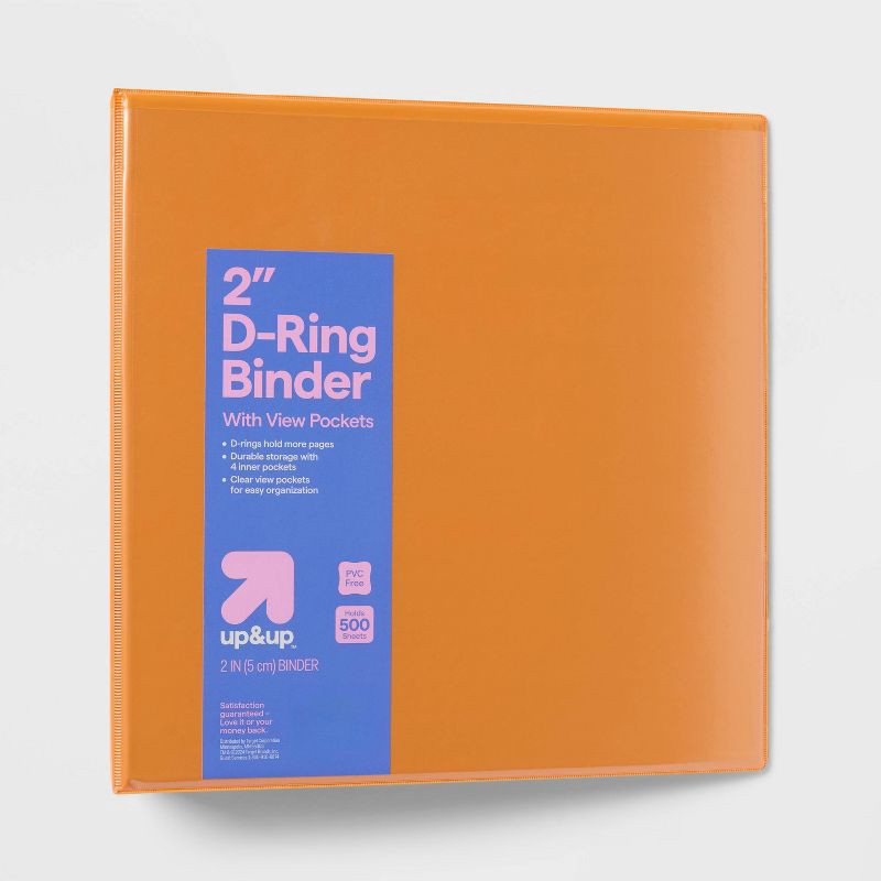 slide 1 of 3, 2" 3 Ring Binder Clear View Orange - up&up™: 500 Sheet Capacity, D Rings, Internal Pockets, Standard Binders, 1 ct