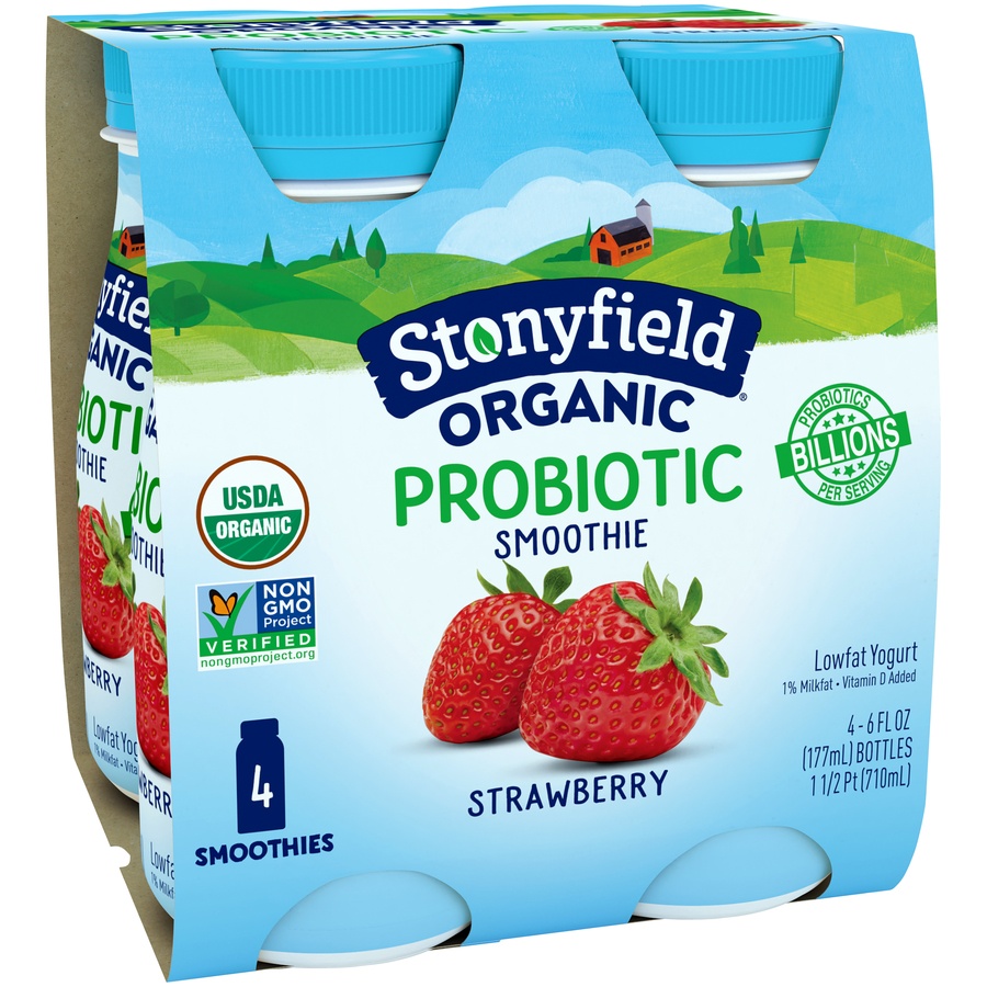 slide 2 of 8, Stonyfield Organic Probiotic Strawberry Lowfat Yogurt Smoothies, 4 ct; 6 fl oz