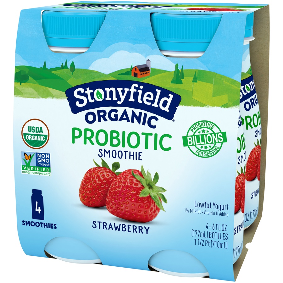 slide 3 of 8, Stonyfield Organic Probiotic Strawberry Lowfat Yogurt Smoothies, 4 ct; 6 fl oz