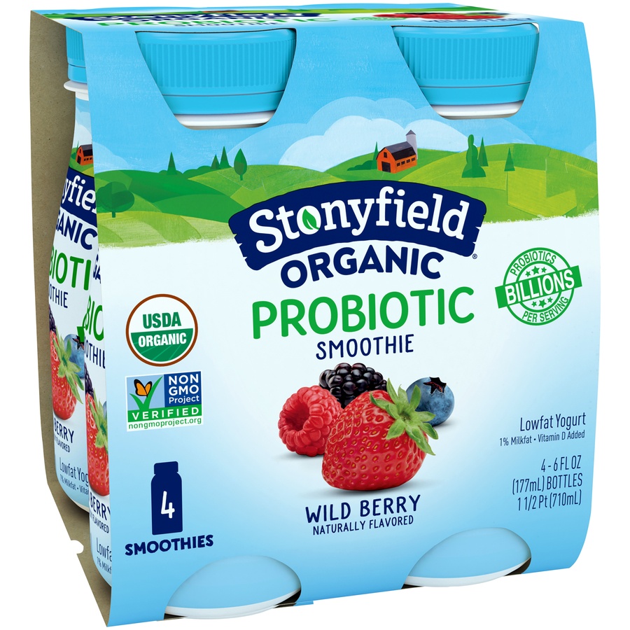 slide 2 of 8, Stonyfield Organic Probiotic Wild Berry Lowfat Yogurt Smoothies, 4 ct; 6 fl oz
