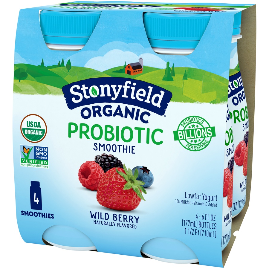 slide 3 of 8, Stonyfield Organic Probiotic Wild Berry Lowfat Yogurt Smoothies, 4 ct; 6 fl oz