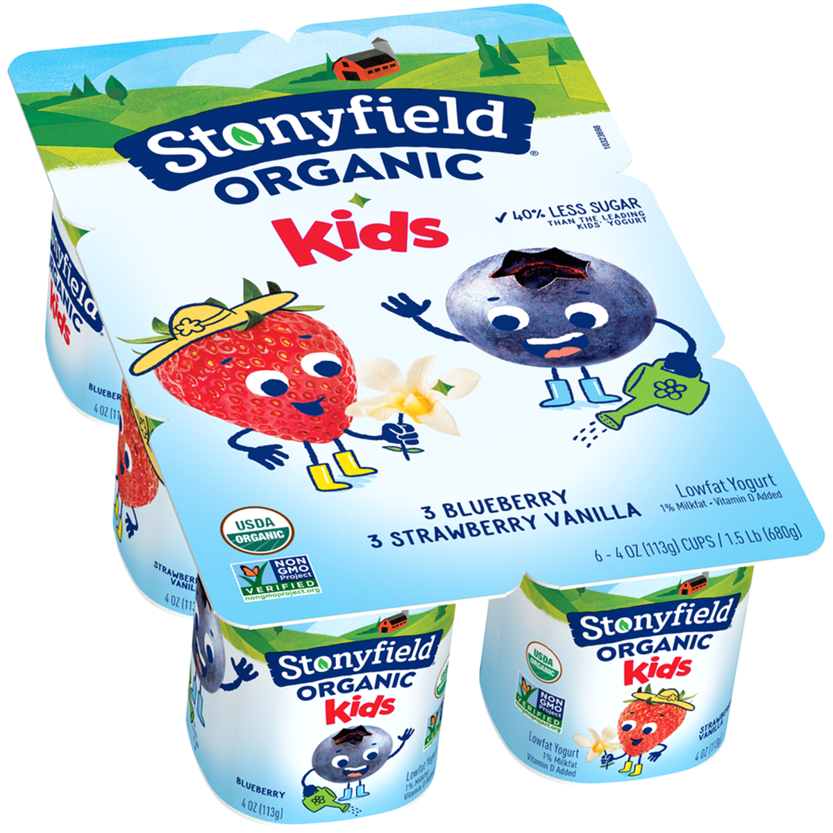 slide 2 of 2, Stonyfield Organic Kids Strawberry Vanilla & Blueberry Lowfat Yogurt Cups, 6 ct