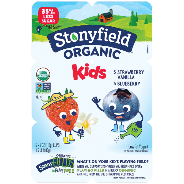 slide 14 of 17, Stonyfield Organic Kids Strawberry Vanilla & Blueberry Lowfat Yogurt Cups, 6 ct