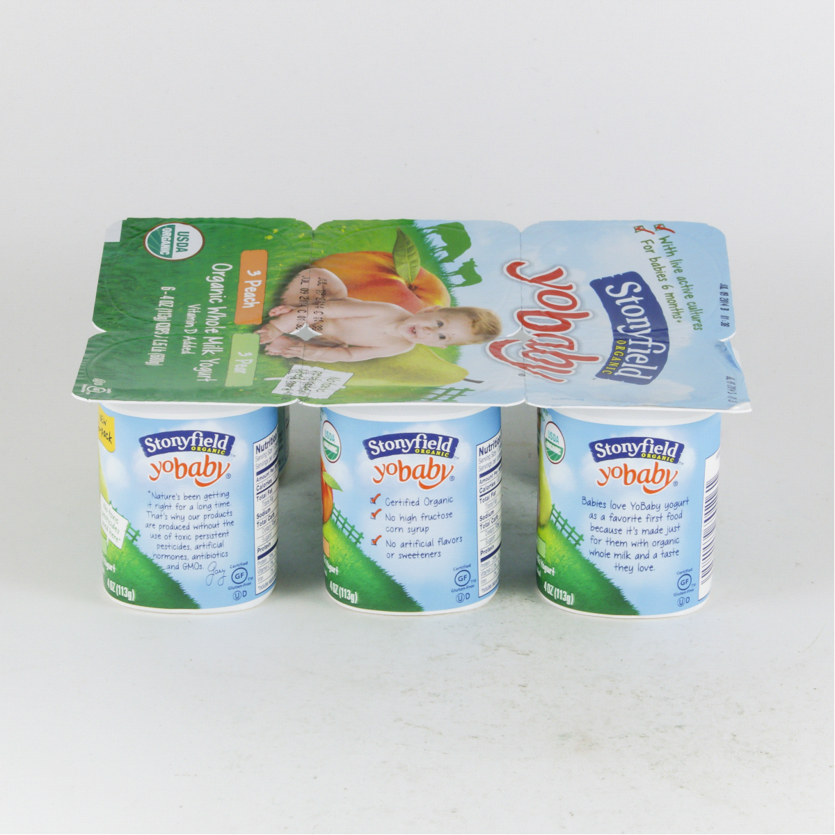 slide 2 of 4, Stonyfield Organic Yo Baby 6+ Months Whole Milk Pear & Peach Yogurt with Probiotics 6 - 4 oz Cups, 6 ct