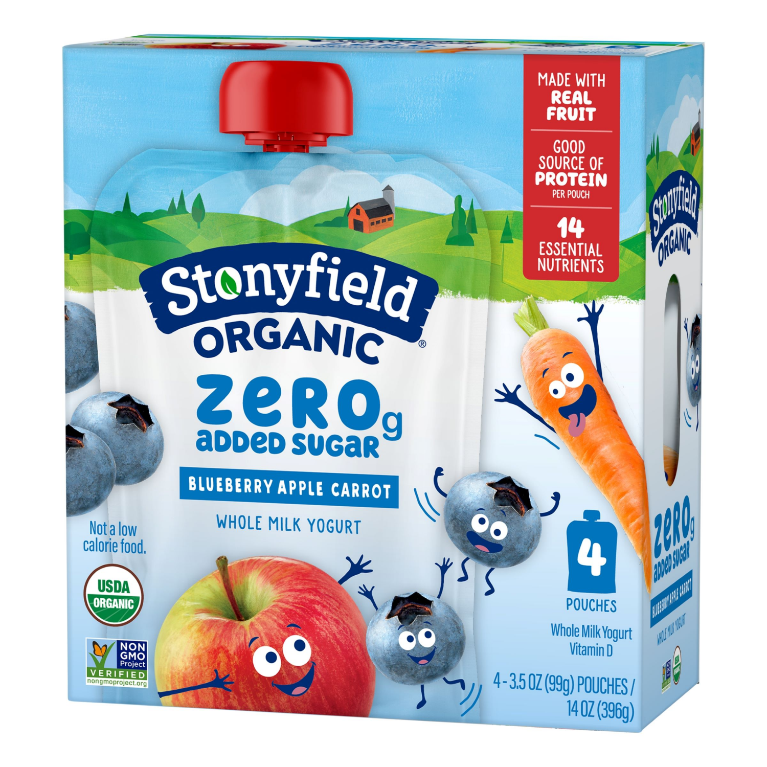 slide 4 of 4, Stonyfield Organic Kids Zero G Added Sugar Whole Milk Yogurt Pouches, Blueberry Apple Carrot, 3.5 oz., 4Ct, 4 ct