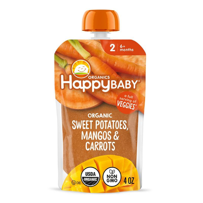 slide 1 of 9, Happy Baby Organic Sweet Potatoes, Mangos & Carrots Baby Food Pouch - 4oz: 6 Months and Up, 2nd Stage, Pureed, Ready to Eat, 4 oz