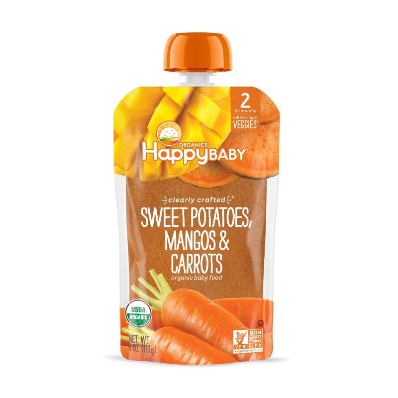 slide 1 of 4, Happy Family HappyBaby Clearly Crafted Sweet Potatoes Mangos & Carrots Baby Food - 4oz, 4 oz