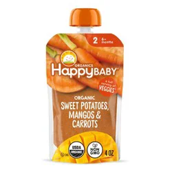 Happy Baby Organic Sweet Potatoes, Mangos & Carrots Baby Food Pouch - 4oz: 6 Months and Up, 2nd Stage, Pureed, Ready to Eat