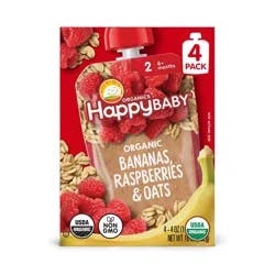Happy Baby Organic Bananas, Raspberries & Oats Baby Food Pouch - 4oz/4pk: Pureed 2nd Stage Meal, Age 6 Months+, Ready to Eat