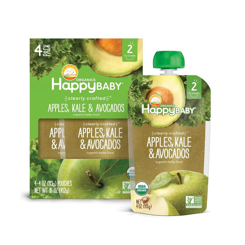 slide 4 of 6, Happy Family Happy Baby Organics Clearly Crafted Stage 2 Apples, Kale & Avocados 4pk 4oz, 4 ct; 4 oz