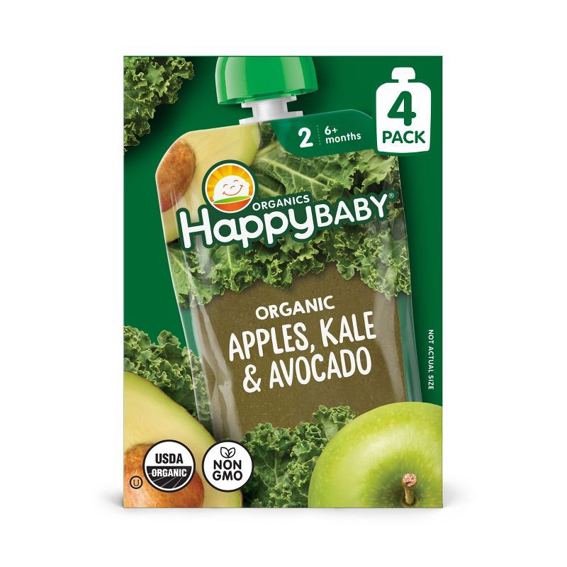 slide 1 of 11, Happy Baby Organic Apples, Kale & Avocados Baby Food Pouch - 4oz/4pk: 6 Months and Up, 2nd Stage, Pureed, Ready to Eat, 4 ct; 4 oz