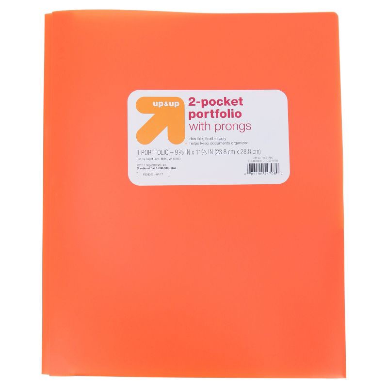 slide 1 of 3, 2 Pocket Plastic Folder with Prongs Orange - up&up™, 1 ct