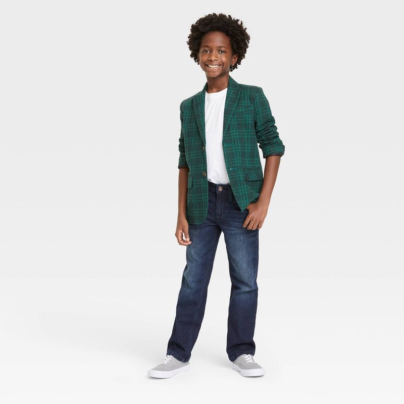 slide 3 of 5, Boys' Stretch Straight Fit Jeans - Cat & Jack™ Blue 14: Midweight Denim, Adjustable Waistband, Machine Washable, 1 ct
