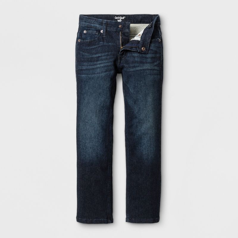 slide 4 of 5, Boys' Stretch Straight Fit Jeans - Cat & Jack™ Blue 4: Midweight Denim, Adjustable Waistband, Machine Washable, 1 ct