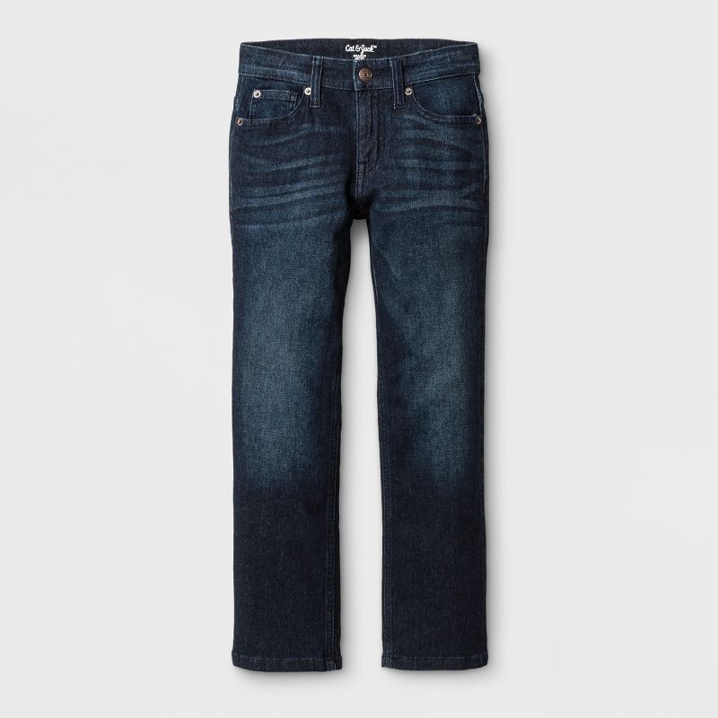 slide 1 of 5, Boys' Stretch Straight Fit Jeans - Cat & Jack™ Blue 16: Denim, Adjustable Waistband, Mid Rise, 1 ct