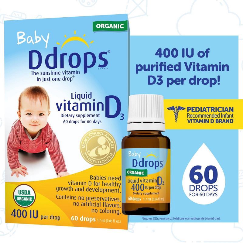 slide 7 of 11, Ddrops Baby Vitamin D 400 IU Organic Liquid Drops - 0.06 fl oz, 0.06 fl oz