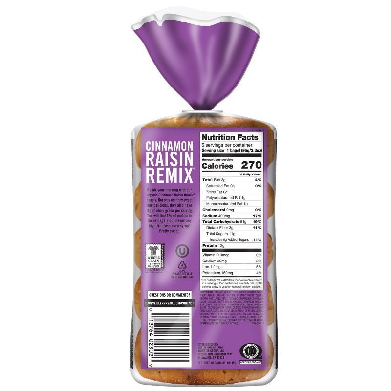 slide 5 of 9, Dave's Killer Bread Organic Cinnamon Raisin Remix Bagels - 16.75oz, 16.75 oz