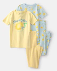 Carters Girls Lemon 100% Cotton Snug Fit 4-Piece Pajama Set - Blue/Yellow Multi 4