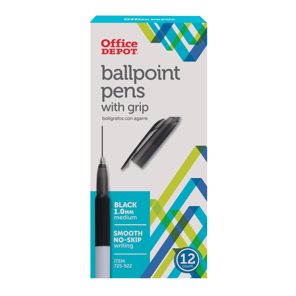 slide 1 of 2, Office Depot Brand Grip Ballpoint Pens, Medium Point, 1.0 Mm, White Barrel, Black Ink, Pack Of 12, 12 ct