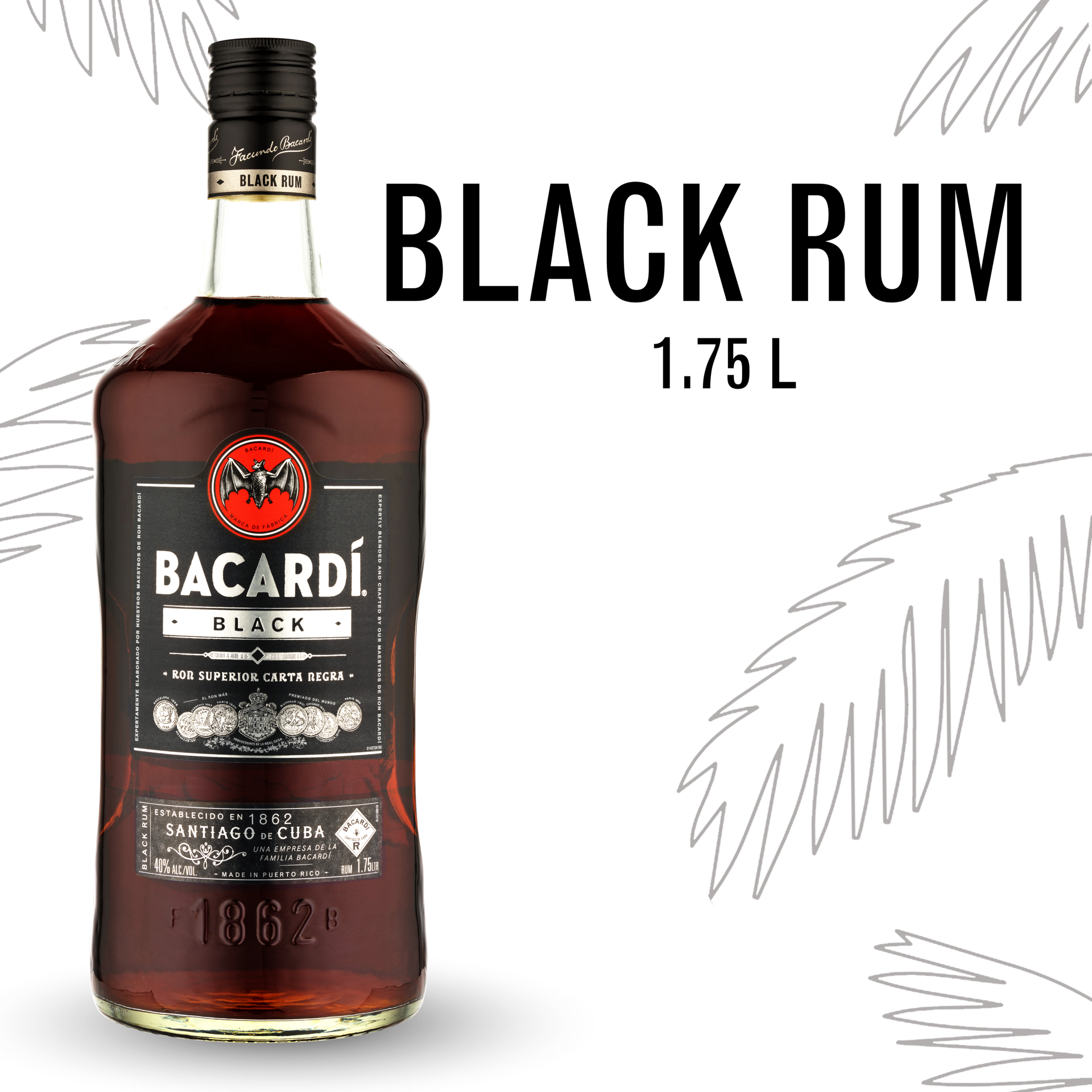 slide 1 of 5, Bacardí Bacardi Black Rum, Gluten Free 40% 175Cl/1.75L, 1.75 liter