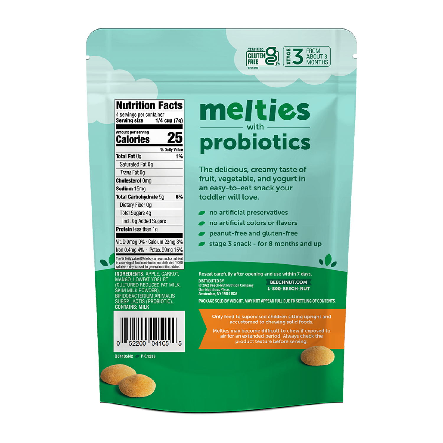 slide 2 of 2, Beech-Nut Stage 3 (from About 8 Months) Apple, Carrot, Mango & Yogurt Melties with Probiotics Stage 3 1 oz, 1 oz