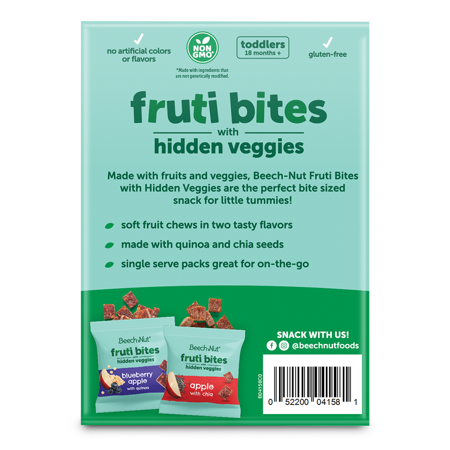 slide 2 of 2, Beech-Nut Toddlers (18 Months +) Blueberry Apple with Quinoa/Apple with Chia Toddler Fruti Bites with Hidden Veggies Variety Pack 12 - 18 g Packs, 12 ct