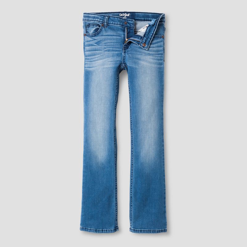 slide 3 of 3, Girls' Mid-Rise Bootcut Jeans - Cat & Jack™ Medium Wash 14 Slim: Adjustable Waist, Stretch Denim, 1 ct