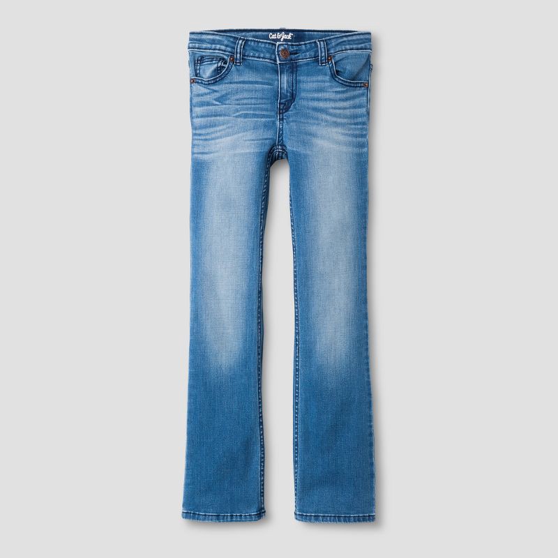 slide 1 of 3, Girls' Mid-Rise Bootcut Jeans - Cat & Jack™ Medium Wash 14 Slim: Adjustable Waist, Stretch Denim, 1 ct