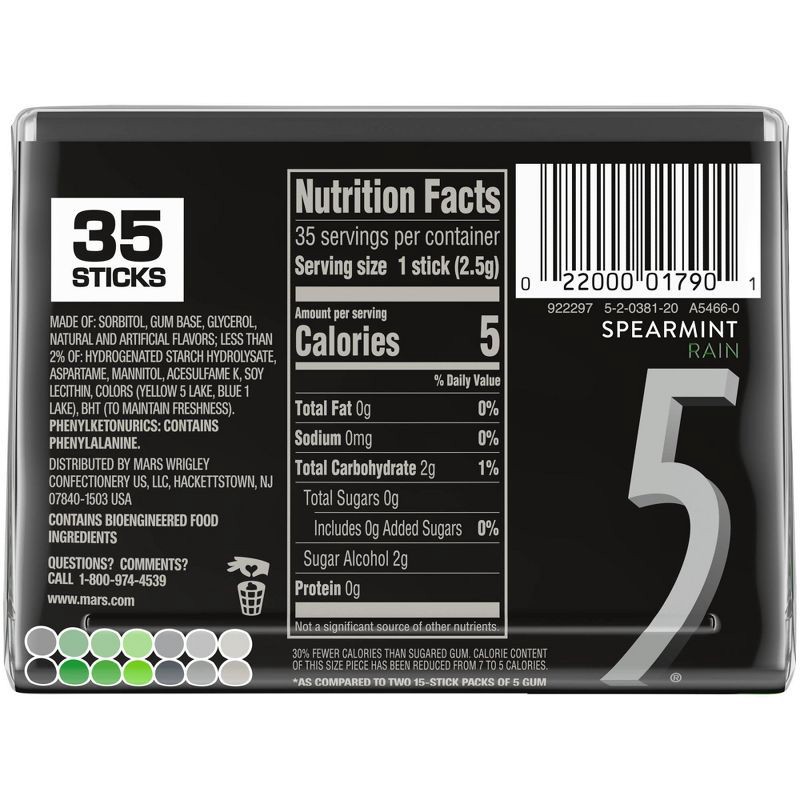 slide 8 of 8, 5 Gum Wrigley's 5 Spearmint Rain Sugarfree Gum - 35ct, 35 ct