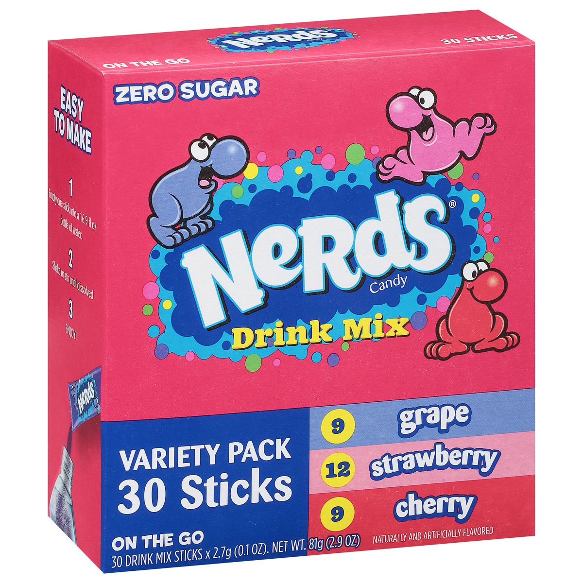 slide 3 of 9, Nerds Zero Sugar Variety Pack Grape, Strawberry, Cherry Drink Mix Sticks - 30 ct, 30 ct