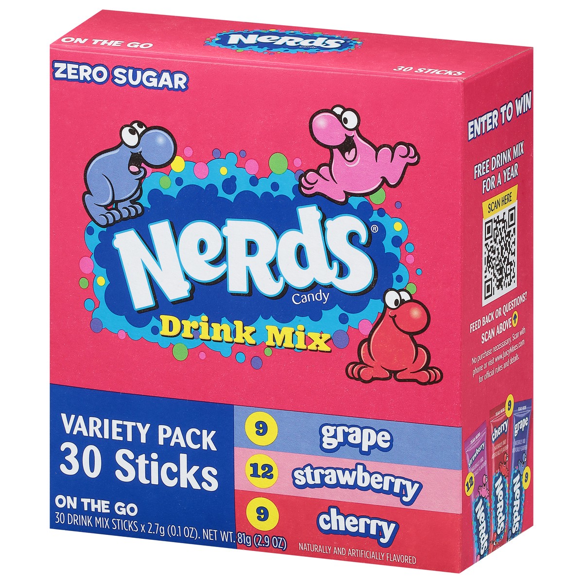 slide 4 of 9, Nerds Zero Sugar Variety Pack Grape, Strawberry, Cherry Drink Mix Sticks - 30 ct, 30 ct