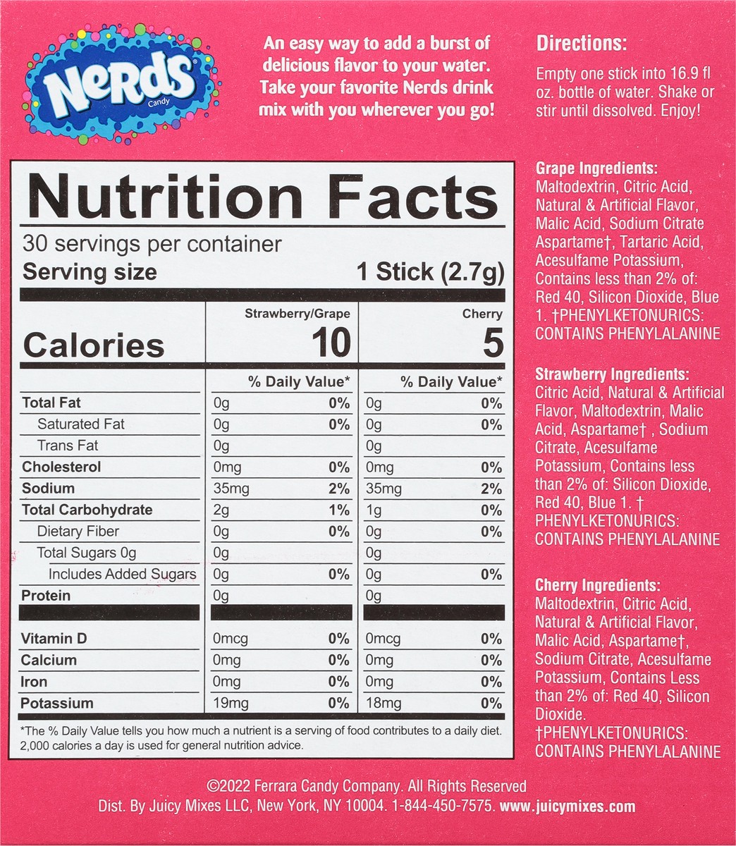 slide 8 of 9, Nerds Zero Sugar Variety Pack Grape, Strawberry, Cherry Drink Mix Sticks - 30 ct, 30 ct