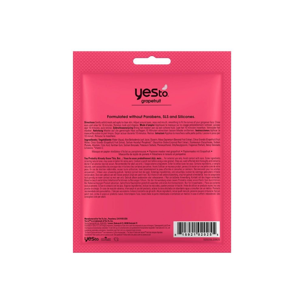 slide 2 of 5, Yes To Grapefruit Single Use Paper Face Mask, 0.67 oz
